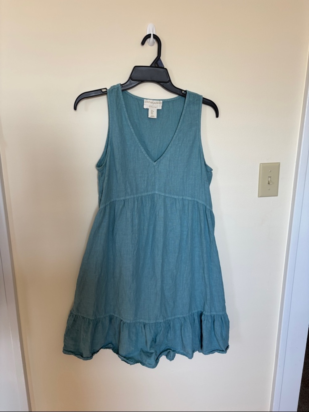 100% Linen Teal Sleeveless Babydoll V-Neck Tiered Dress